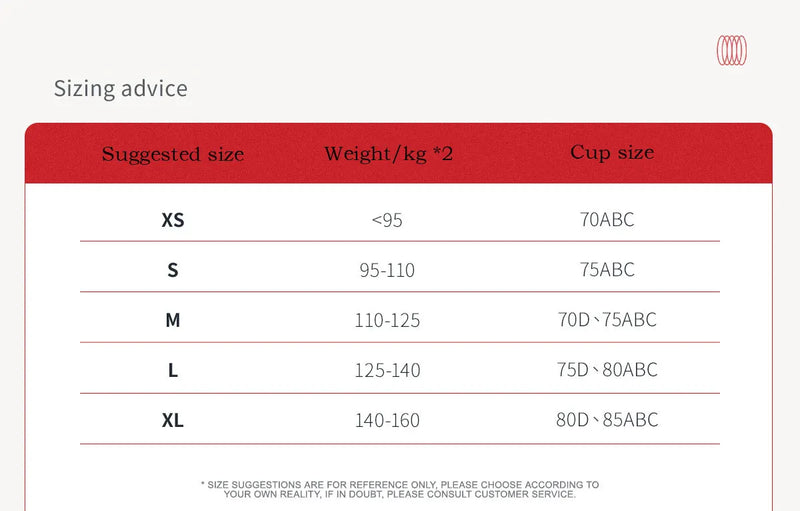 Suggested size guide showing weight and cup size for women’s zip yoga jacket